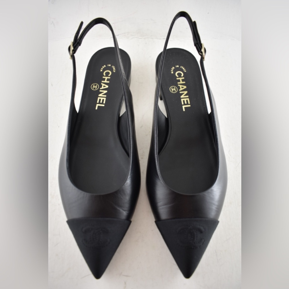 Chanel 24A Black Leather CC Logo Coco Sling Slingback Pointed Ballet Flat 38.5 - Picture 8 of 16